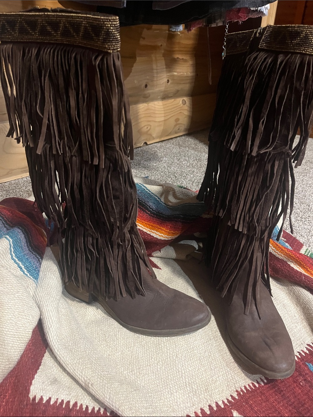 Donald J. Pliner Denise Brown Suede Fringe Beaded Heeled Boots